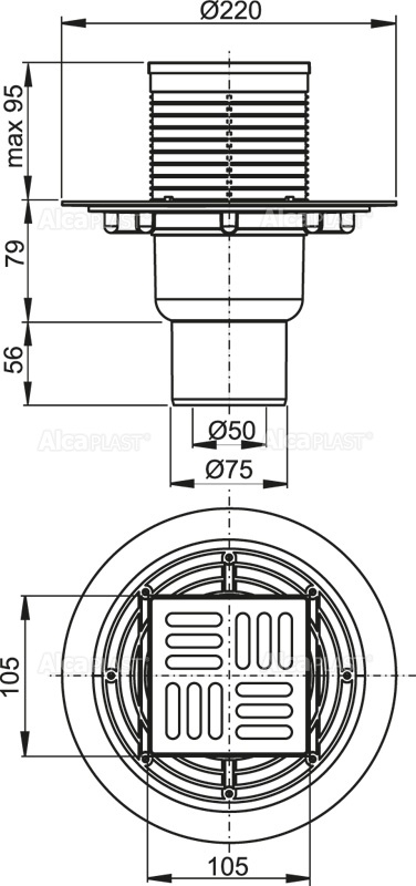 Alcaplast APV201 podlahová vpusť 105x105