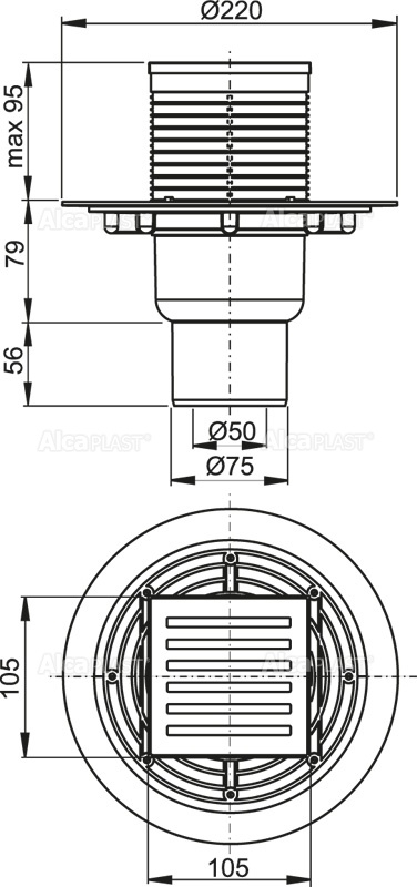 Alcaplast APV203 podlahová vpusť 105x105